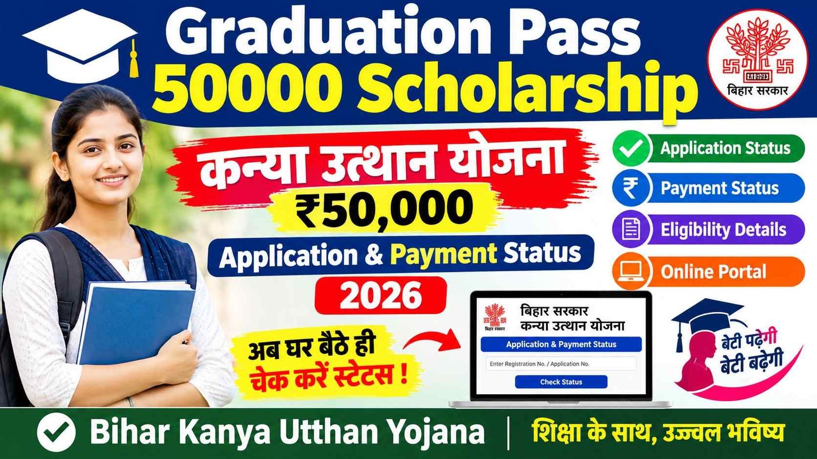 Bihar Kanya Utthan Yojana ₹50000 Graduation Scholarship Status Check 2026
