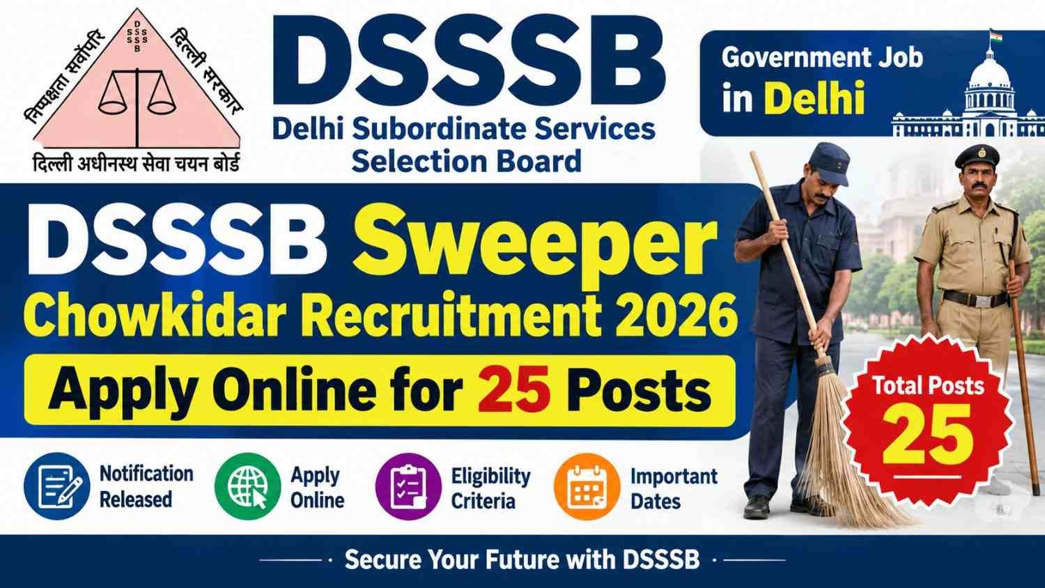 DSSSB Sweeper Chowkidar Recruitment 2026 – दिल्ली जिला अदालतों में 25 पदों पर भर्ती