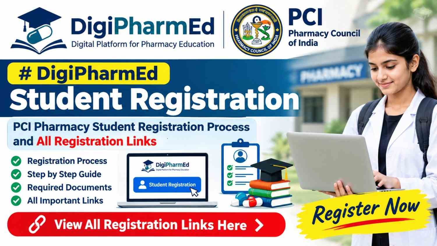 DigiPharmEd पोर्टल पर Student Registration का Register Now बटन